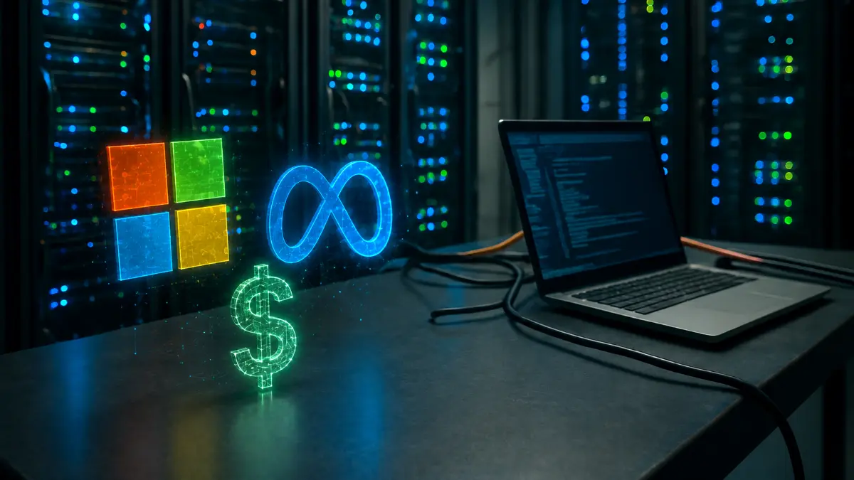 Laptop on a desk in a server room with holograms of Microsoft, Meta logos, and a dollar sign floating nearby
