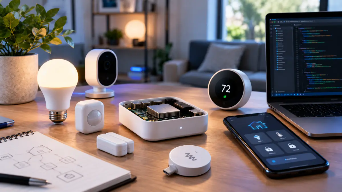 Smart home devices including light bulb, motion sensor, thermostat, hubs, smartphone with app, and laptop showing code on a wooden table