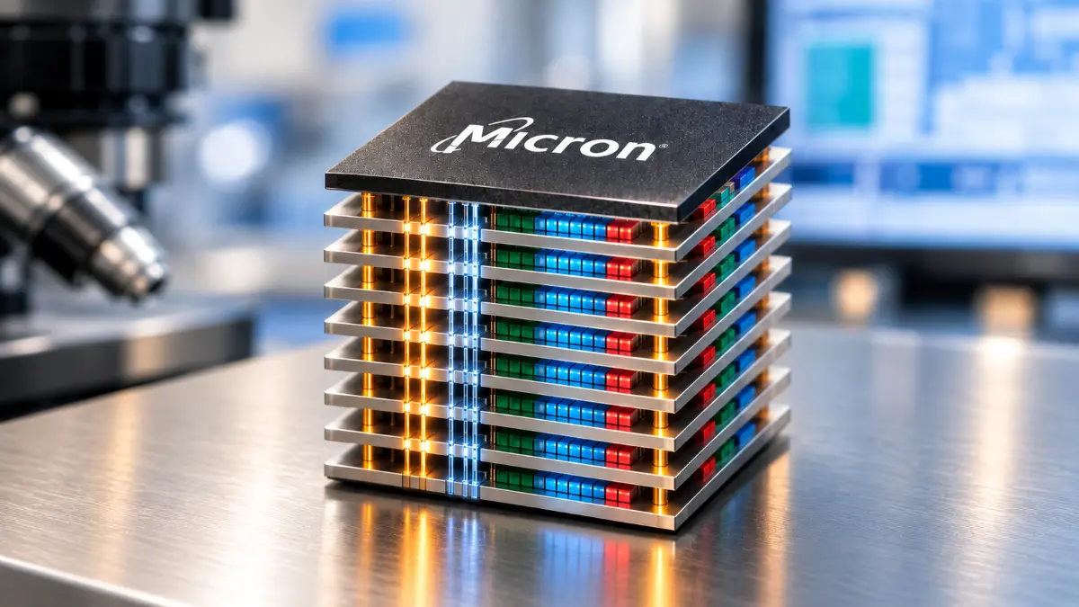 Stacked 3D NAND flash memory chip model with colorful internal structures and glowing orange and blue vertical lines on a metal surface
