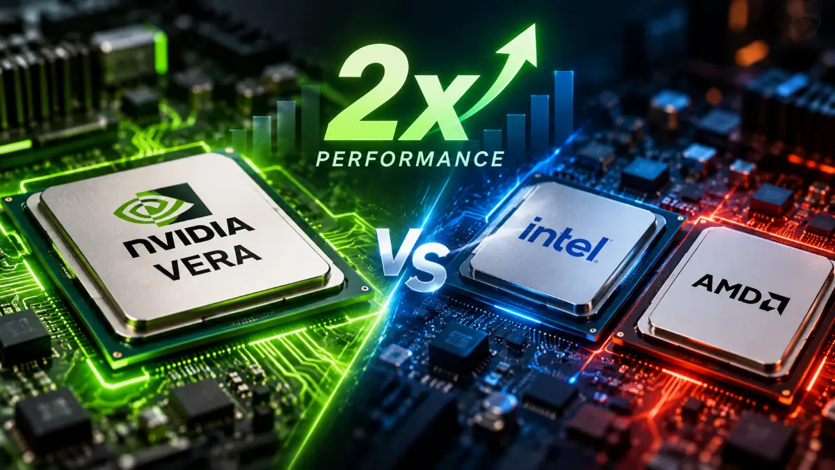 Nvidia Vera CPU chip glowing green on circuit board opposite Intel and AMD chips glowing blue and red with "2x performance" text above