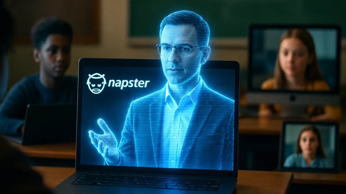 Holographic AI teacher on a laptop screen with students in the background attending a virtual or hybrid class