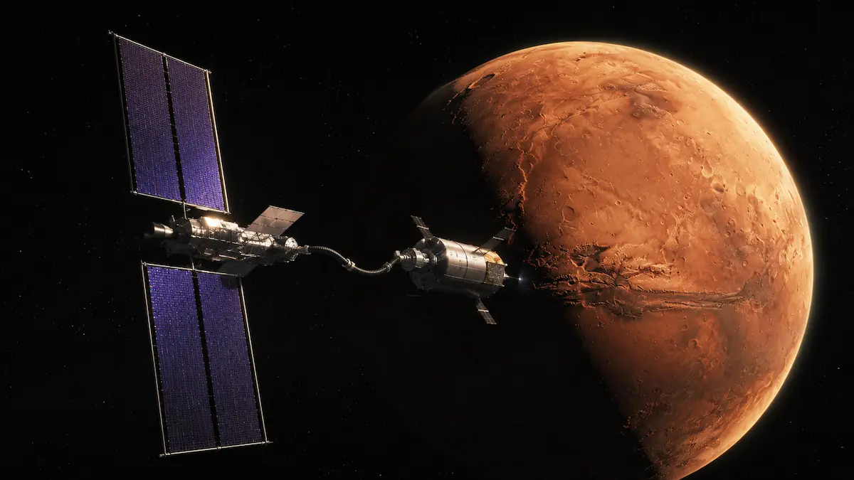Two connected spacecraft with large solar panels orbiting near a red, cratered planet resembling Mars