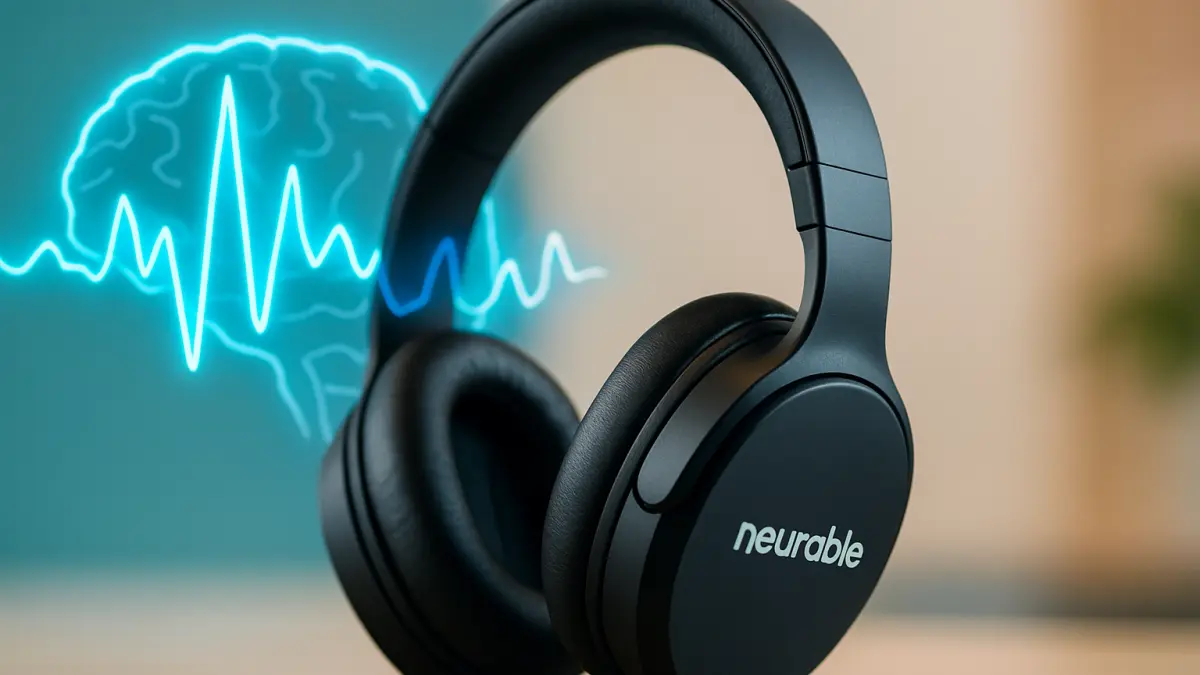 Black over-ear headphones with "neurable" logo, shown with a glowing brain outline and brainwave signal in the background