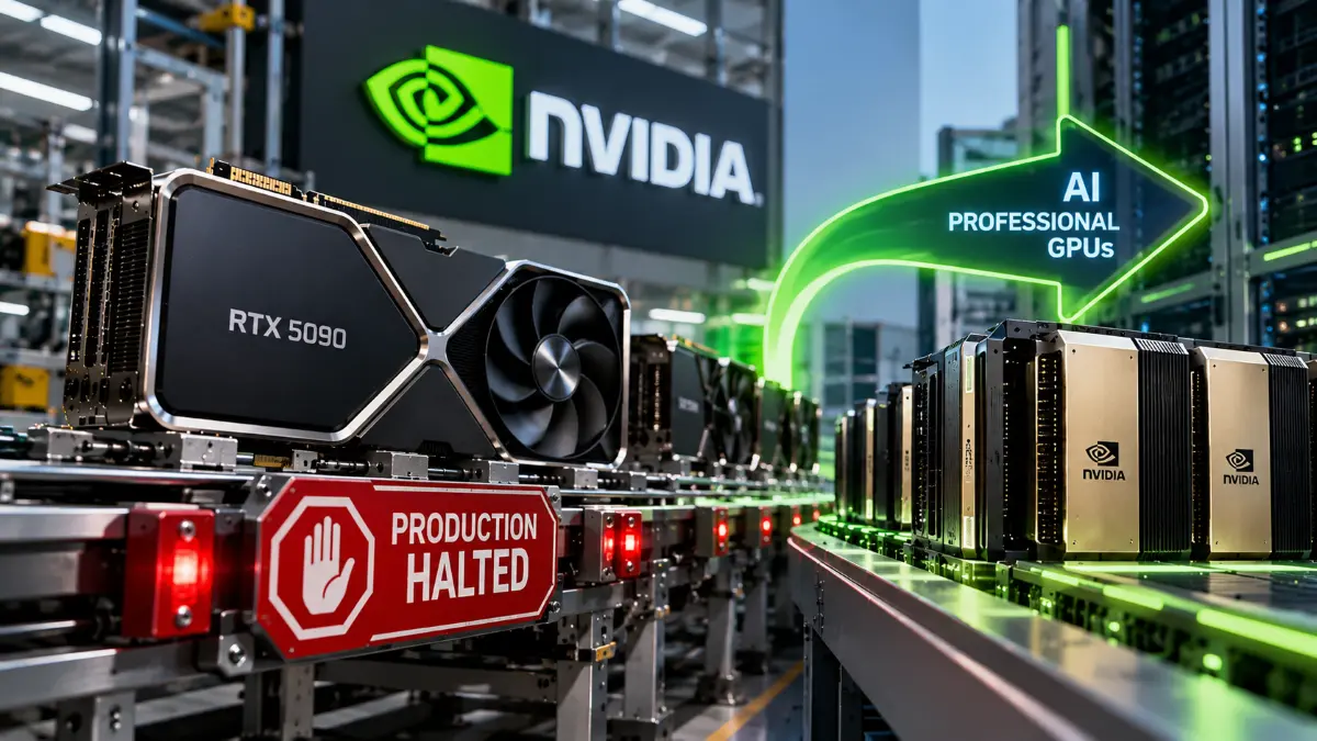 RTX 5090 graphics cards on a conveyor belt with a production halted sign, next to professional AI GPUs with a glowing green arrow