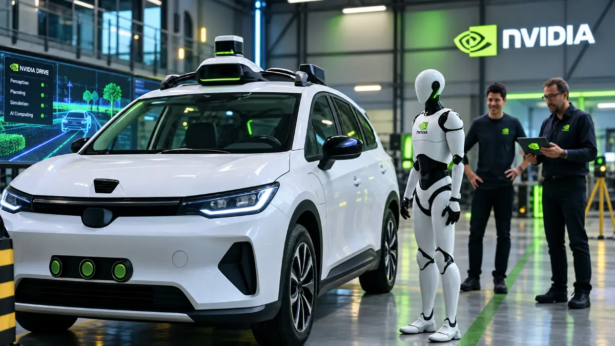 Autonomous vehicle equipped with sensors next to a humanoid robot, while two engineers monitor data on a tablet in a tech facility