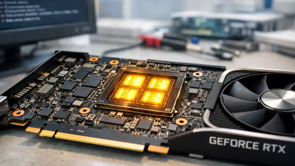 Open Nvidia GeForce RTX graphics card showing glowing GPU chip and exposed circuitry on a workbench