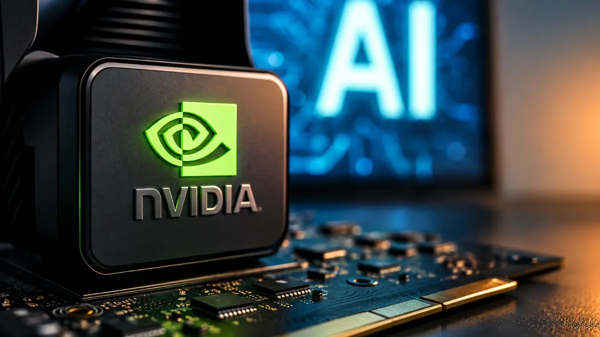 Close-up of an Nvidia graphics card with a glowing logo, circuit board details, and a blurred screen displaying "AI" in the background