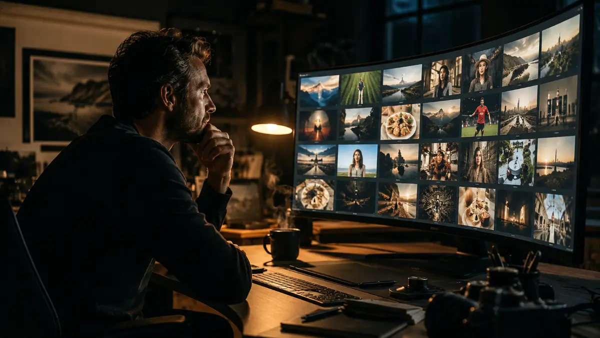 Man with thoughtful expression sits in front of a large curved monitor displaying a grid of diverse photos in a dimly lit room