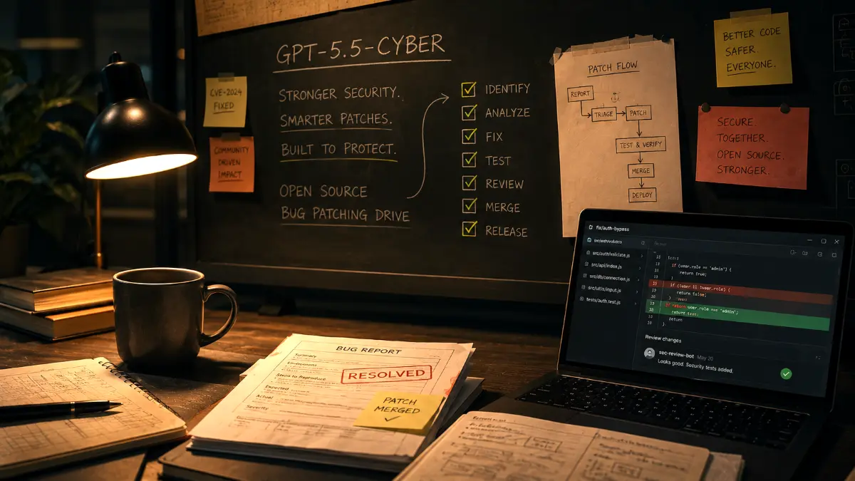 Desk setup with a laptop showing code review, bug report marked resolved, and a chalkboard outlining GPT-5.5-Cyber patching process