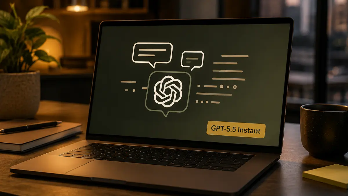 Laptop on a desk displaying a chat interface with the OpenAI logo and text "GPT-5.5 Instant" on the screen