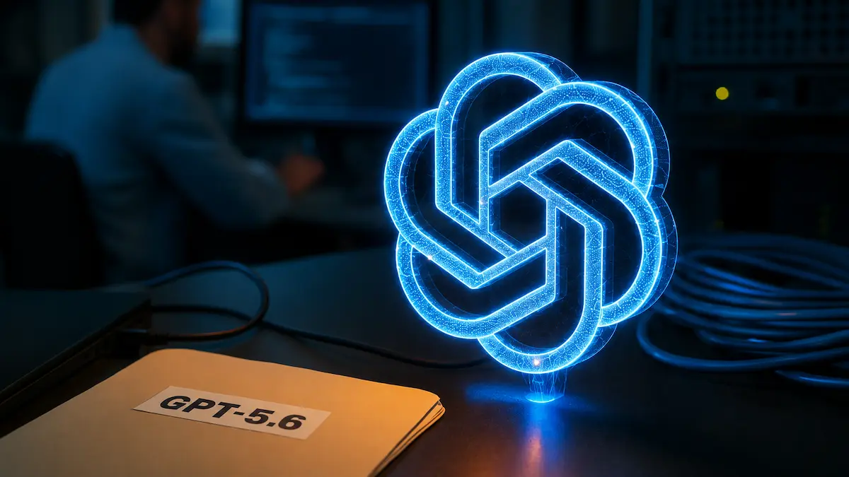 Glowing blue holographic OpenAI logo floating above a file folder labeled "GPT-5.6" on a dark desk with a blurred person and computer in the background
