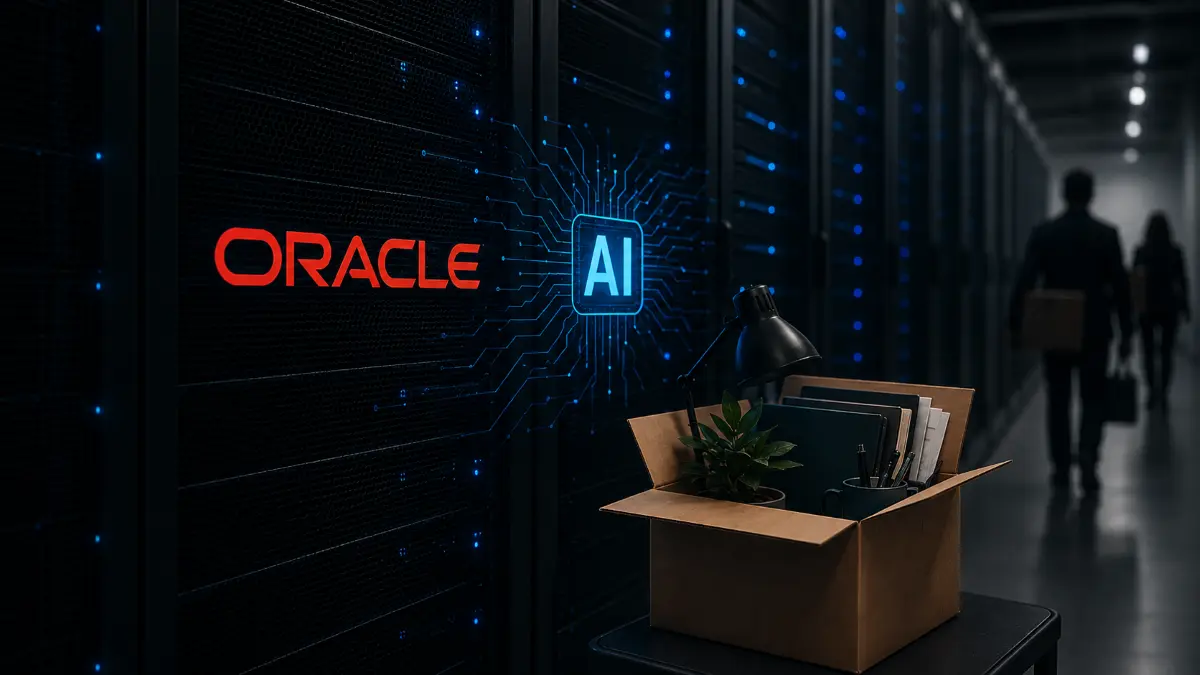 Server racks with glowing AI icon and Oracle logo, two people walking away in a dimly lit hallway, and a box of packed office items