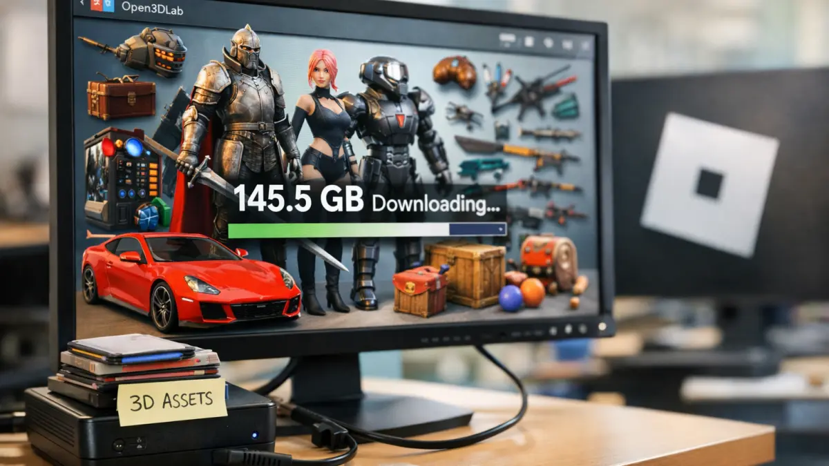 Computer monitor displaying various 3D game characters, vehicles, and weapons with a 145.5 GB download progress bar