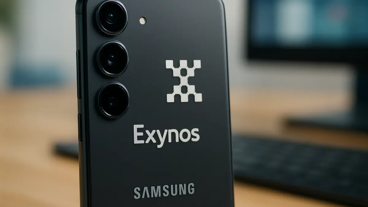 Close-up of a black Samsung smartphone showcasing the Exynos logo and triple rear camera setup on a wooden desk