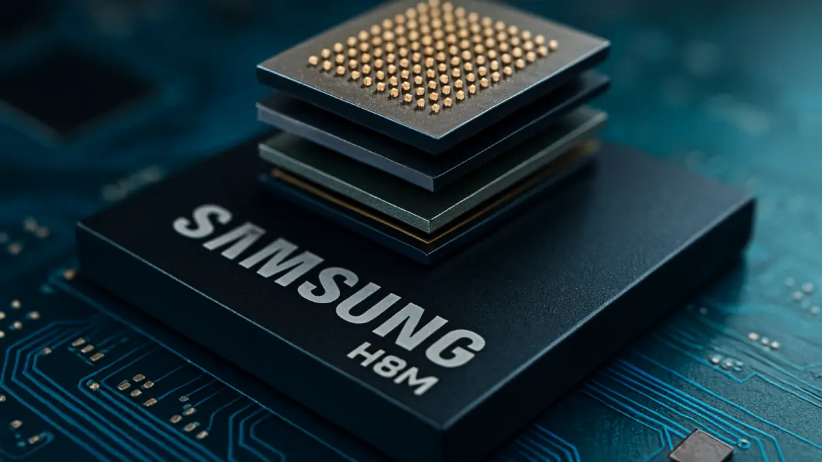 Stacked semiconductor chips with gold connectors on top of a black chip labeled "Samsung HBM" on a blue circuit board