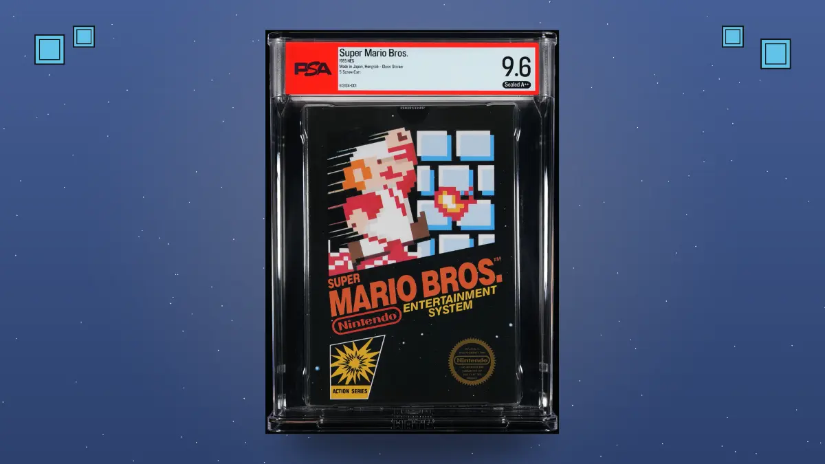 Sealed Super Mario Bros. NES game in a clear PSA graded case with a 9.6 rating against a blue background