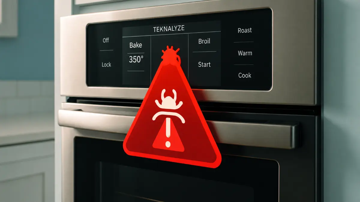 Smart oven set to bake at 350 degrees with a red warning triangle featuring a bug icon on the display panel