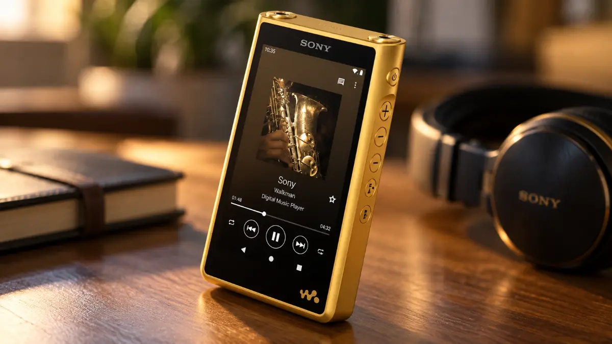 Gold-plated digital music player with screen showing saxophone album art, placed on a wooden surface next to headphones and a notebook