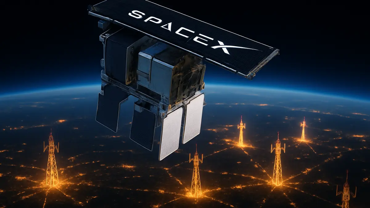 SpaceX satellite orbiting Earth with glowing wireless cell towers connected across a nighttime landscape