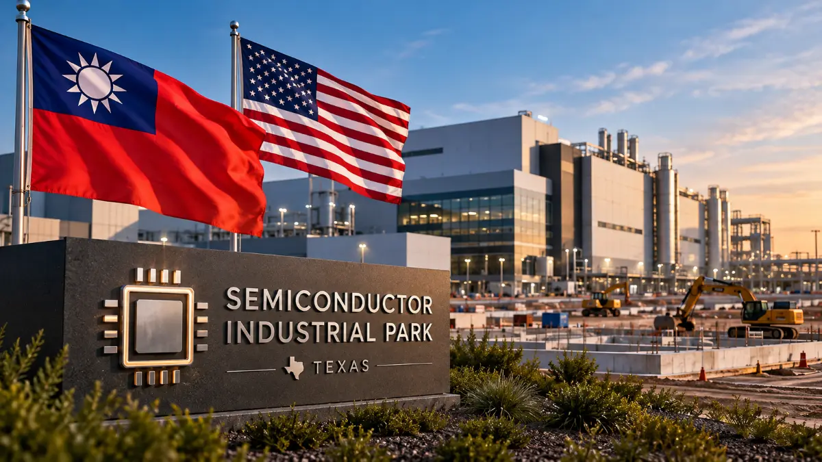 Flags of Taiwan and the United States flying beside a Semiconductor Industrial Park sign with a large factory and construction equipment in the background