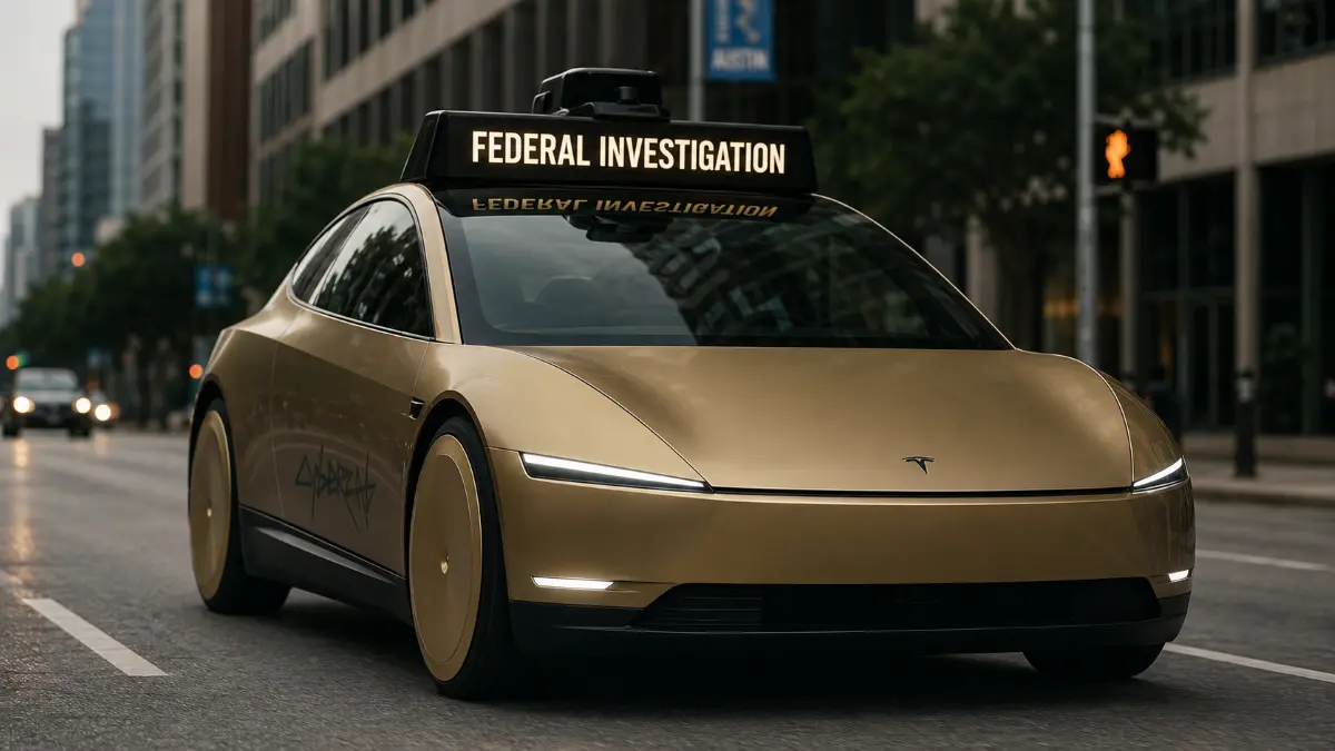 Futuristic gold autonomous car with "Federal Investigation" sign on top, driving on a city street with buildings and traffic lights
