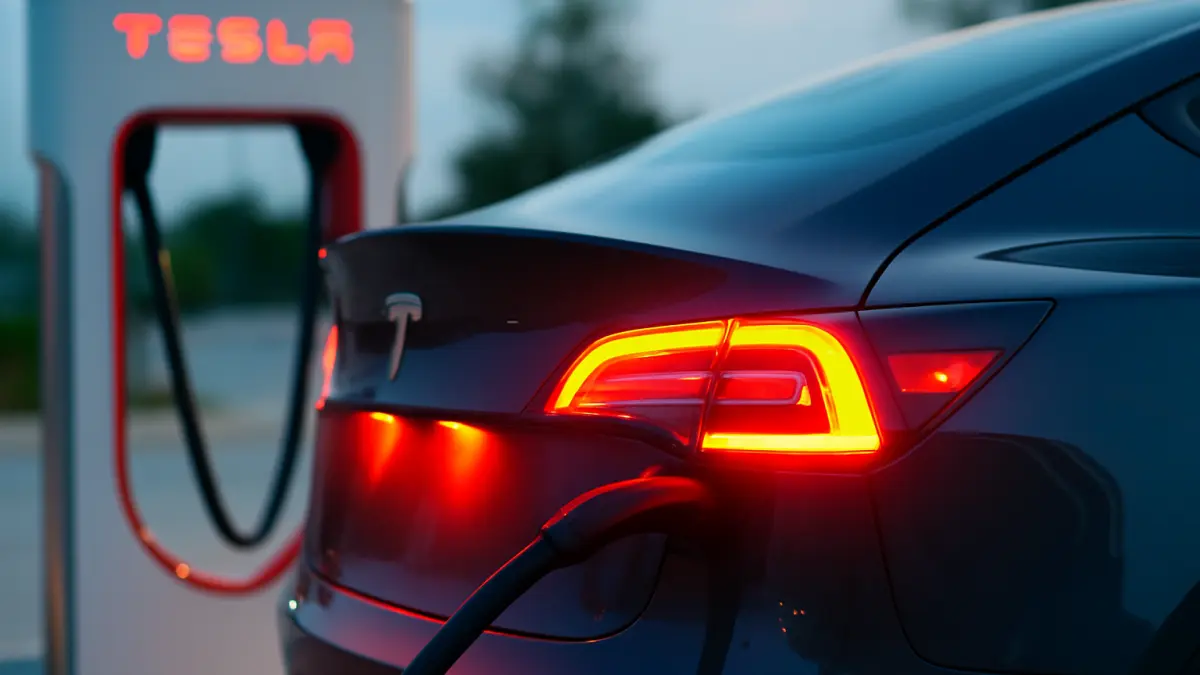 Rear side of a dark Tesla electric car charging at a Supercharger station during dusk with illuminated taillights
