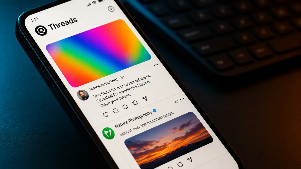 Smartphone screen displaying the Threads app with colorful post and nature photography sunset image, resting on a dark surface near a keyboard