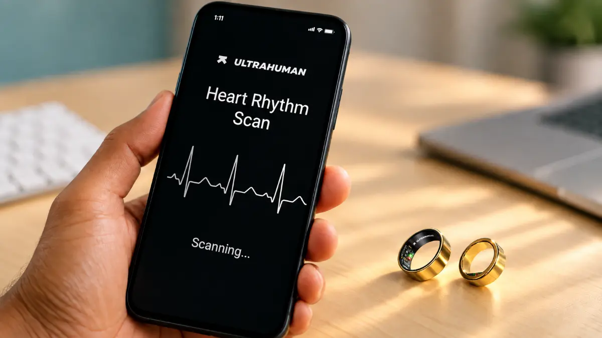 Hand holding a smartphone displaying "Heart Rhythm Scan Scanning" with two gold smart rings on a wooden desk