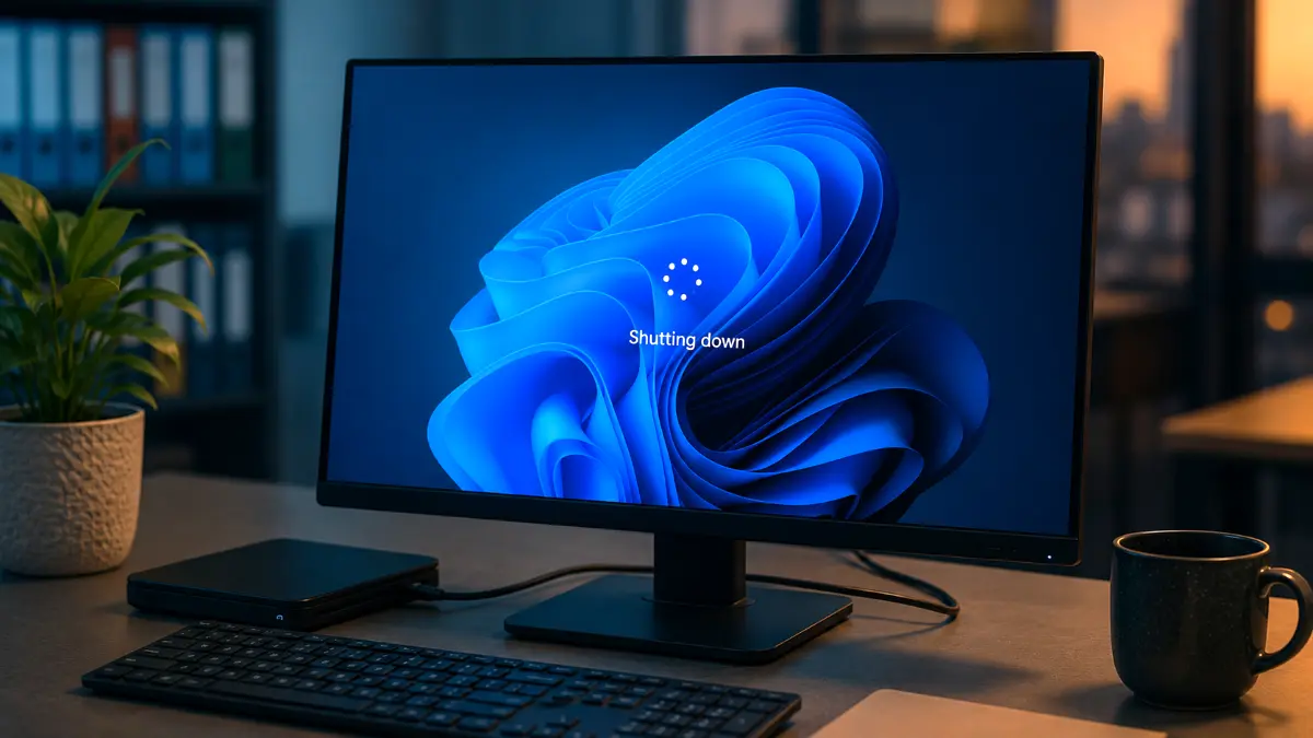Desktop monitor displaying Windows 11 shutting down screen, with a keyboard, external drive, plant, and coffee mug on the desk