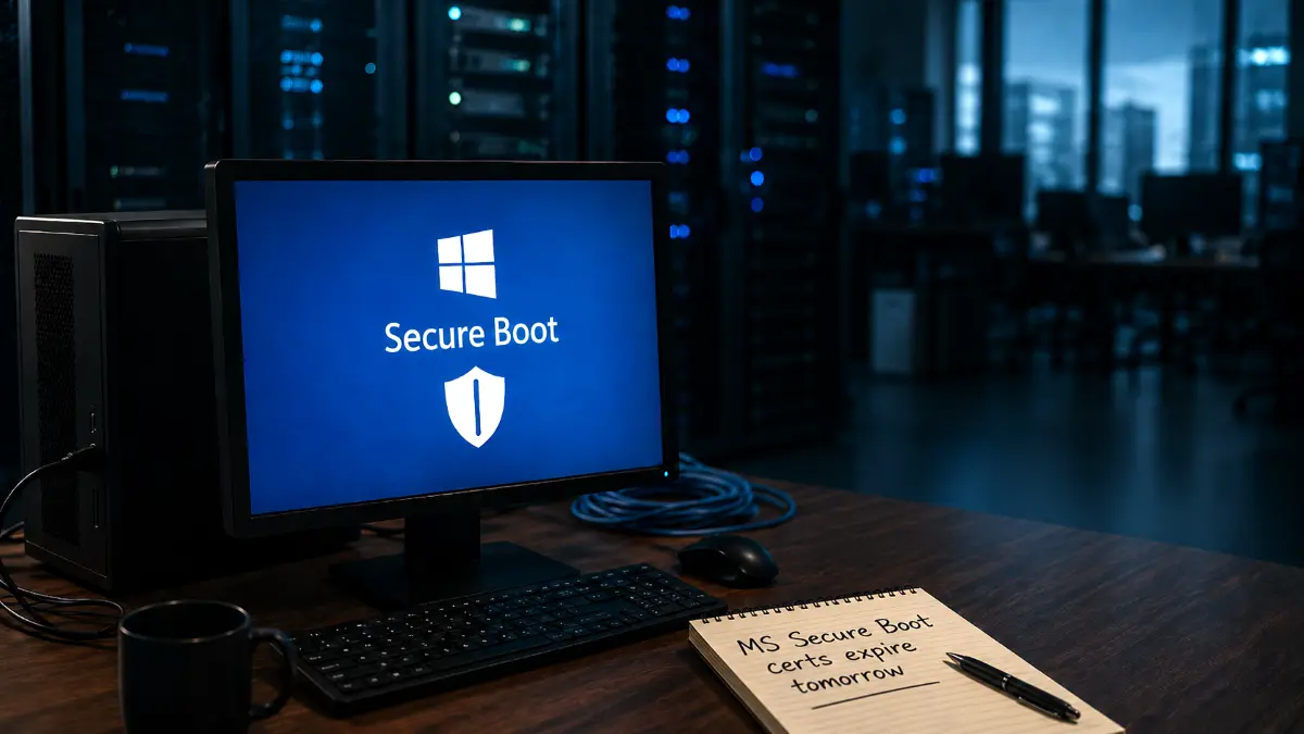 Computer screen displaying "Secure Boot" with a keyboard, mouse, coffee mug, and notepad reading "MS Secure Boot certs expire tomorrow