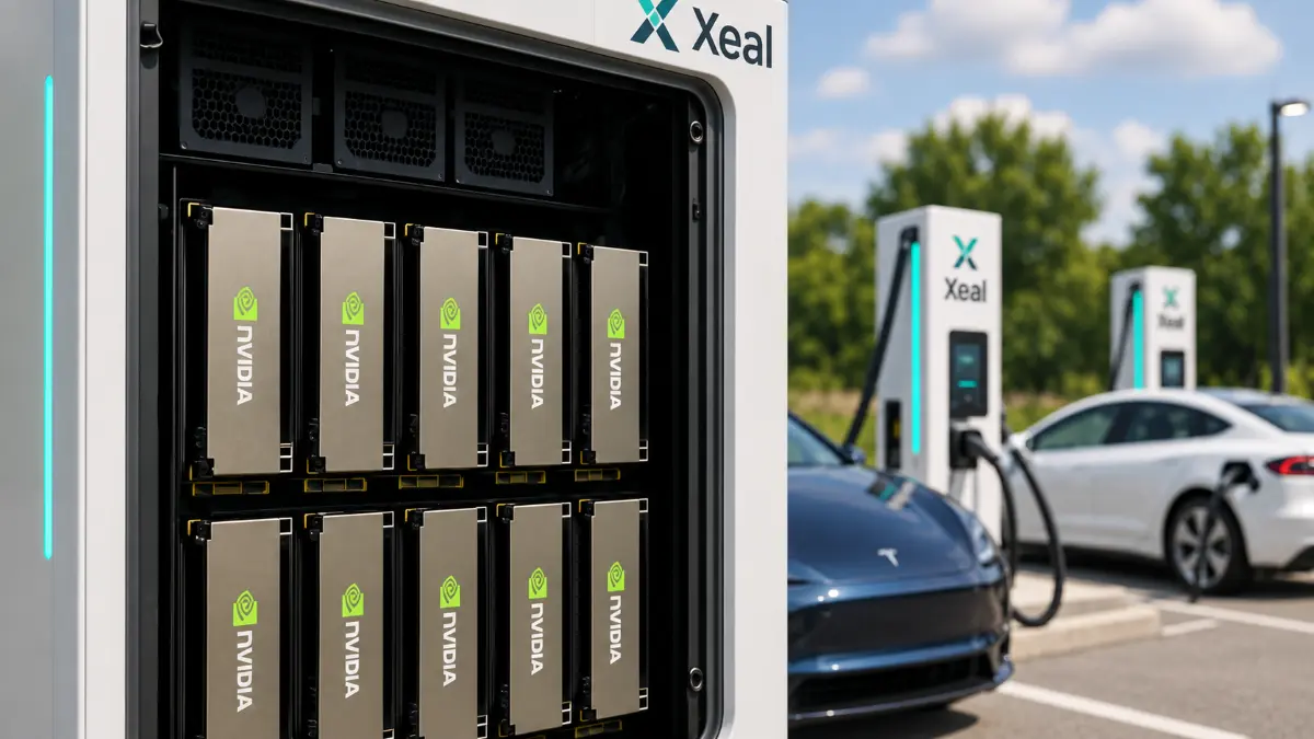 Electric vehicle charging station with visible GPU hardware inside, two electric cars plugged in, and trees in the background