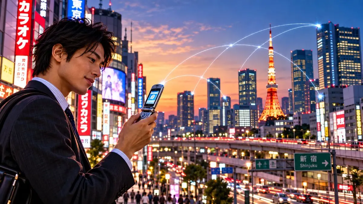 Young man in business attire using a flip phone in a busy city at sunset, with digital connection lines linking skyscrapers