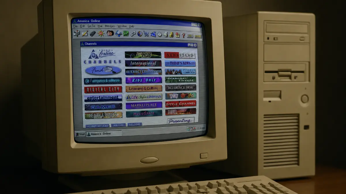 CRT monitor displaying classic AOL homepage with desktop icons, beige tower PC and keyboard from the 1990s on a wooden desk