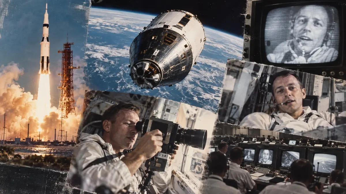 Apollo 7 launch, spacecraft orbiting Earth, astronaut filming inside, and mission control monitoring live TV broadcast of astronaut speaking