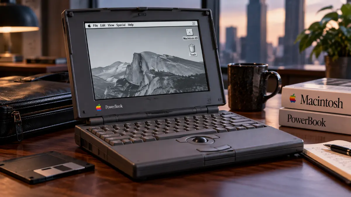 Vintage Apple PowerBook laptop with monochrome Yosemite desktop on screen, sitting on a wooden desk with books, coffee mug, and floppy disk