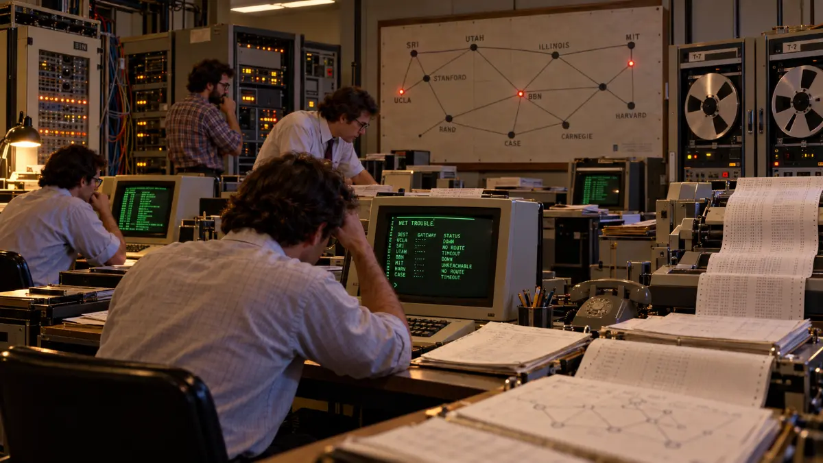 Technicians in a vintage computer room monitor green text on screens and analyze paper printouts, with a network map showing ARPANET nodes on the wall