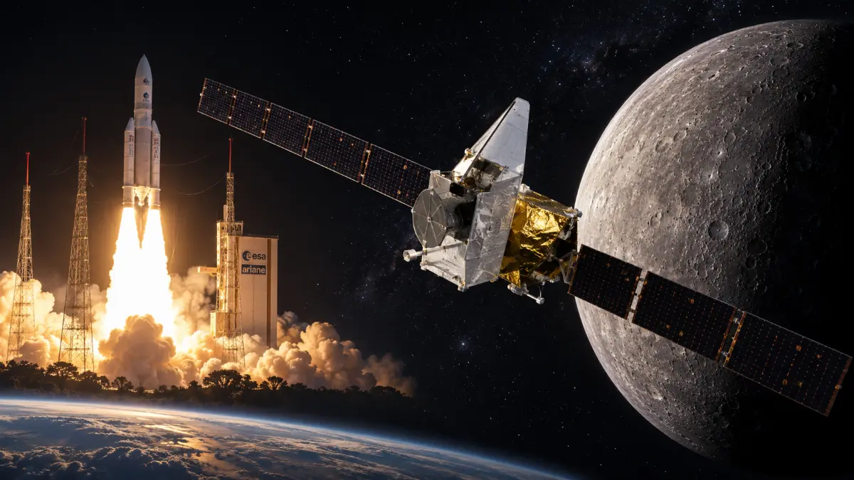 Rocket launch with bright flames and smoke next to an orbiting spacecraft with solar panels near a detailed view of Mercury
