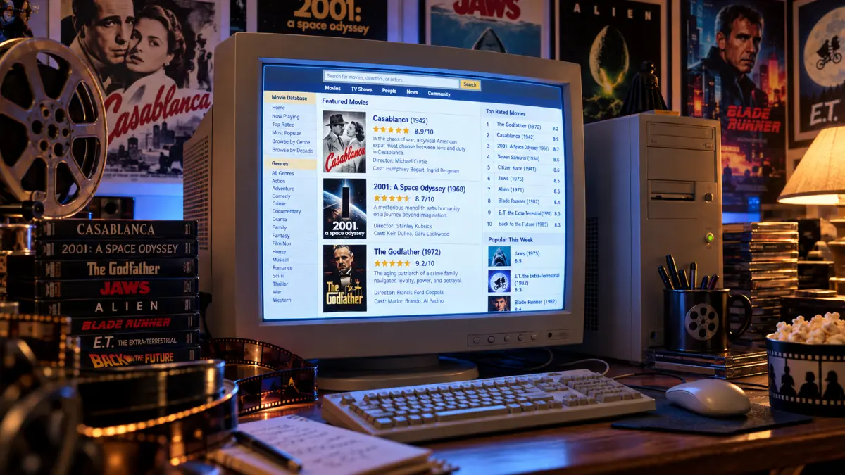 Retro computer screen displaying a classic movie database website, surrounded by film reels, movie posters, and stacks of DVDs