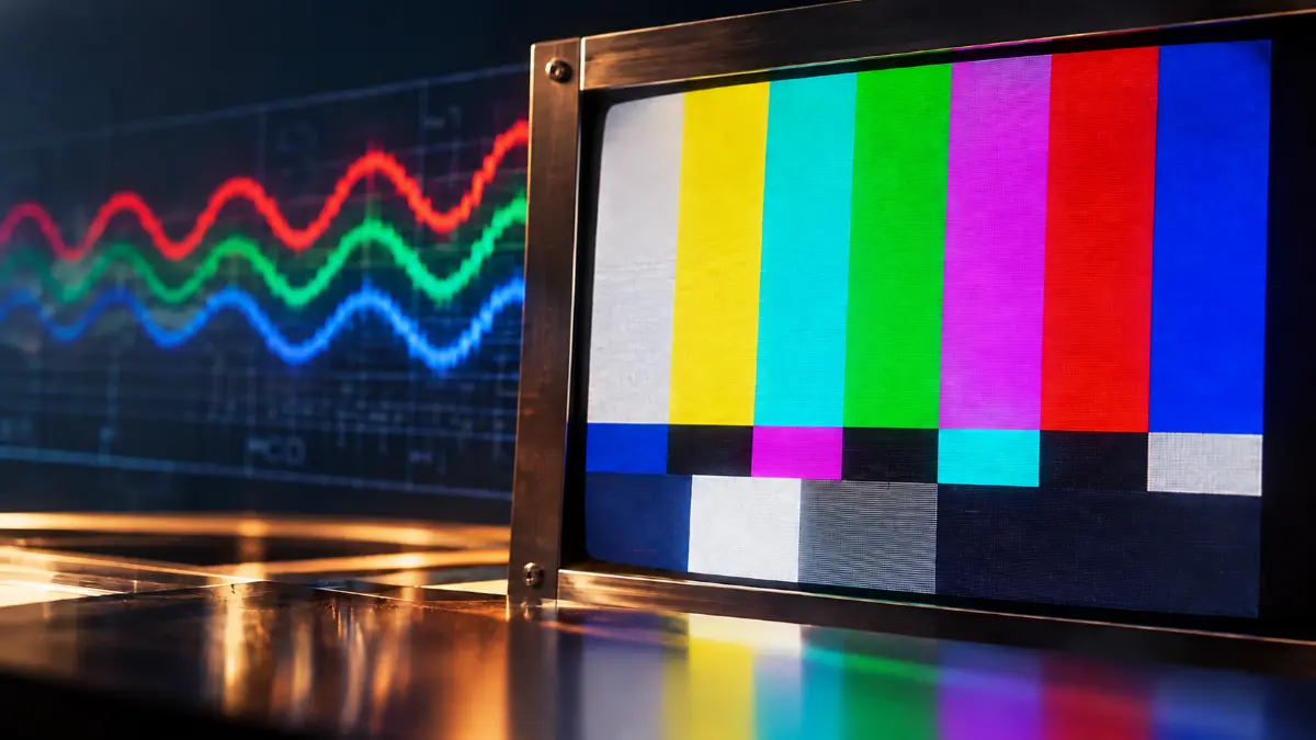 Retro television screen displaying color bars test pattern with colorful waveforms on a dark digital background