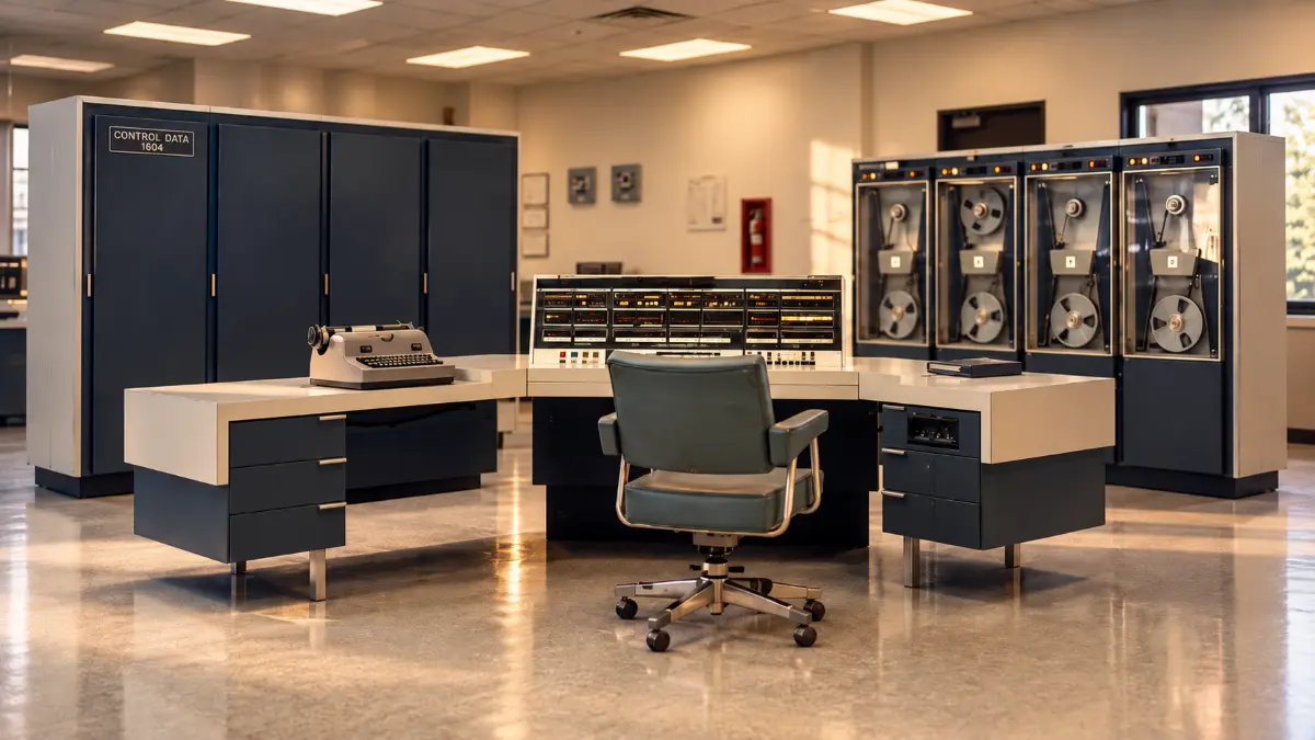 Vintage CDC 1604 supercomputer with control console, large mainframe cabinets, reel-to-reel tape drives, typewriter, and office chair in a spacious room
