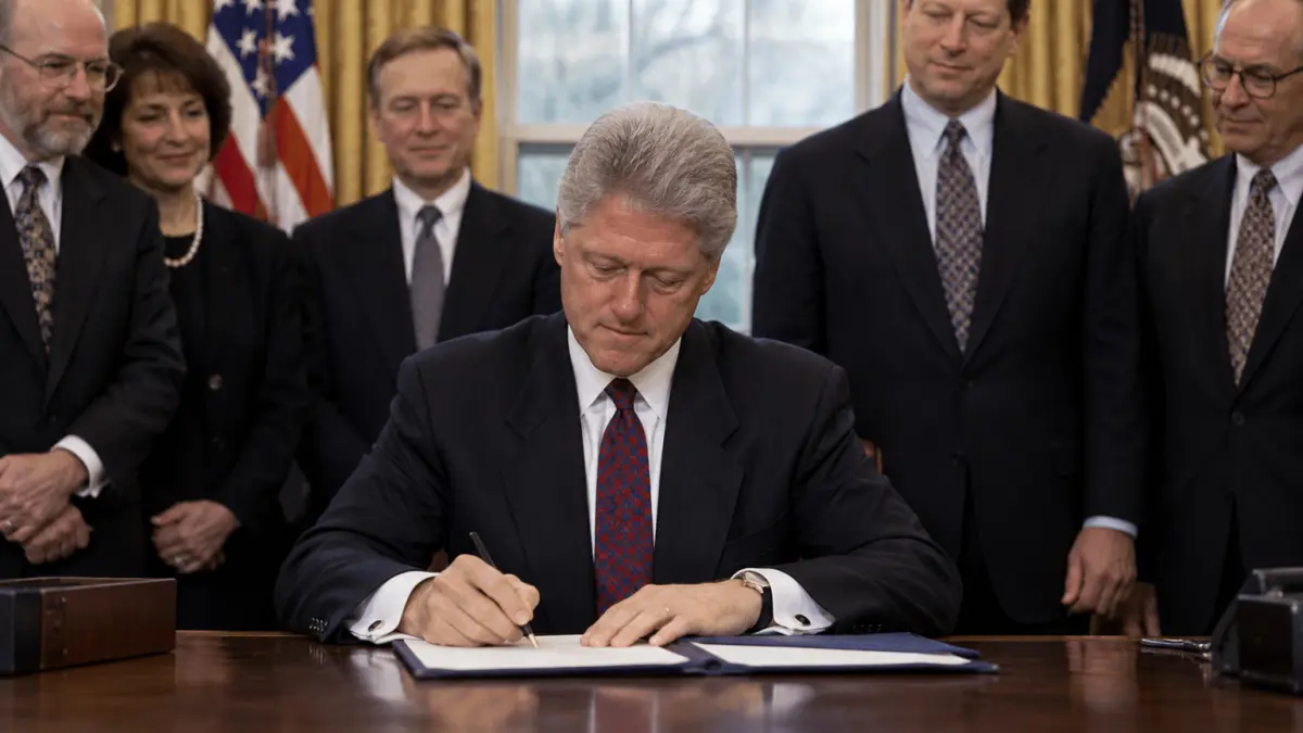 A man in a suit signs a document at a desk while five people in formal attire watch in an official setting