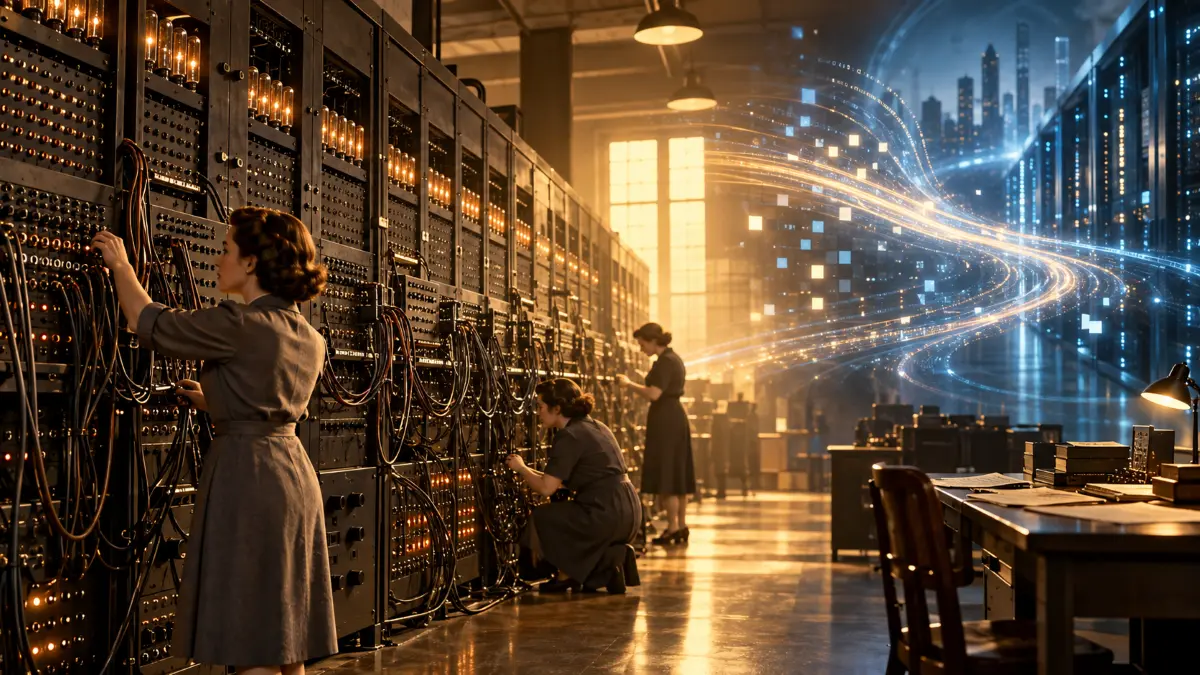 Women in vintage attire operating a large early computer with wires and switches, transitioning into a modern digital data stream
