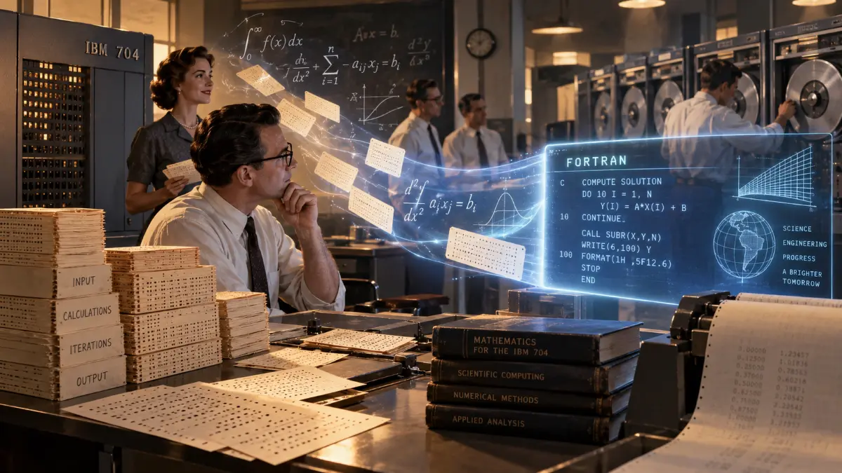 Engineers in a 1950s computer lab with IBM 704, punch cards, books on computing, and a holographic display of FORTRAN code and math formulas