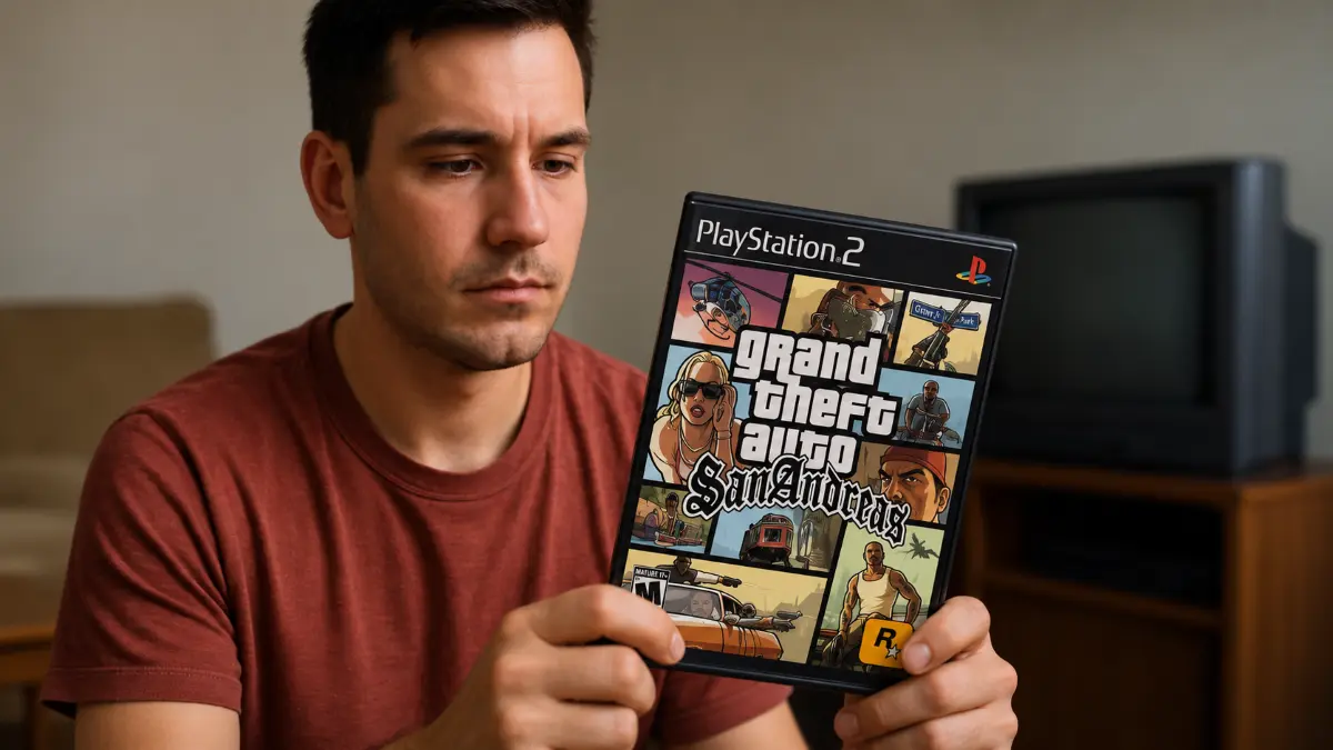 Man in red shirt holding a PlayStation 2 game case for Grand Theft Auto San Andreas, with a retro TV in the background