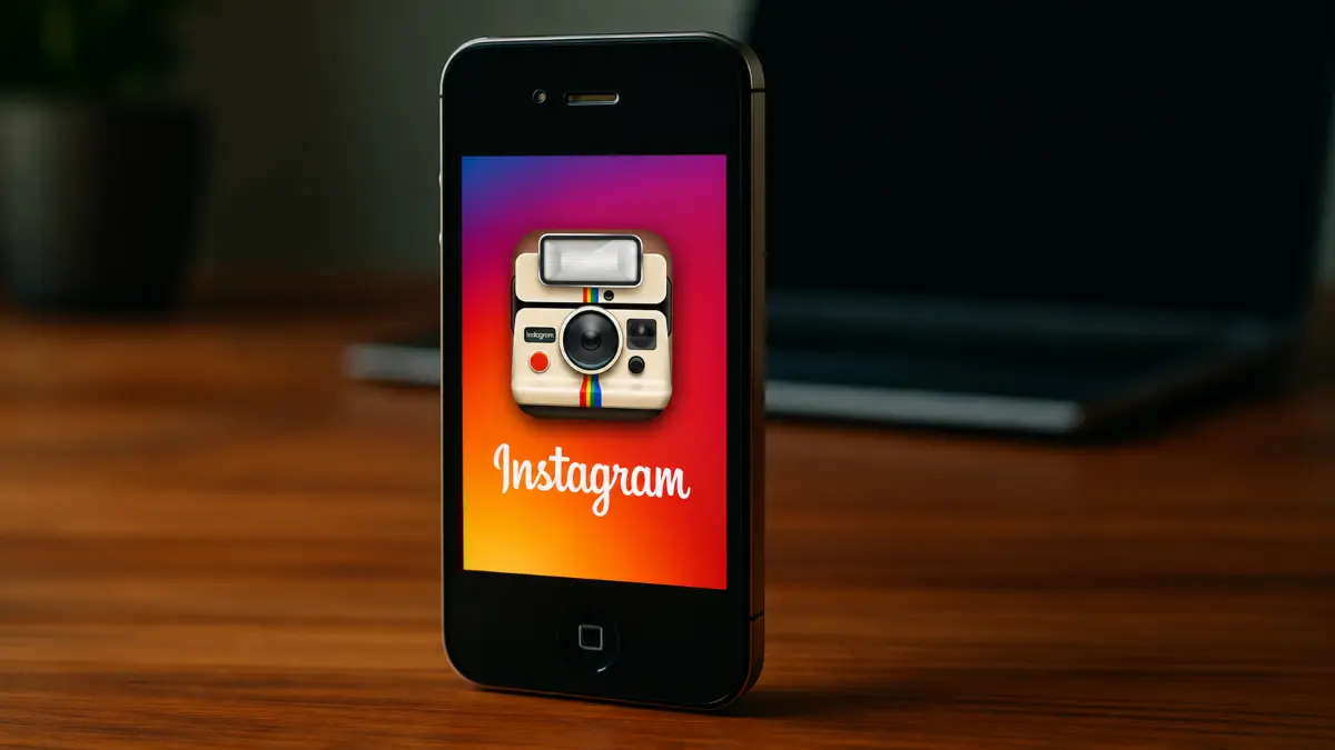 An older model smartphone standing on a wooden surface displaying a vintage Instagram logo and the word "Instagram
