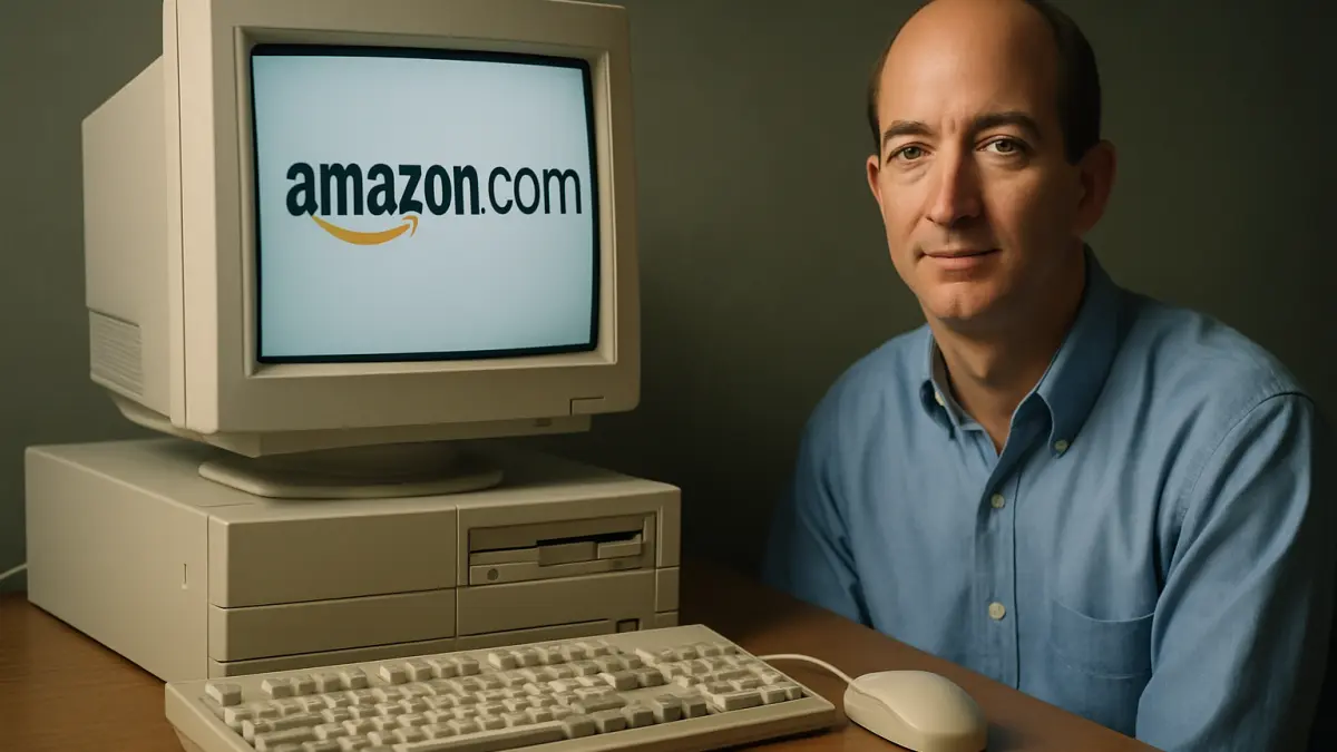 Man in a blue shirt sits beside a vintage computer displaying the amazon.com logo on its screen
