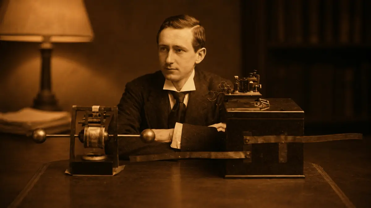Young man in early 20th-century attire seated at a desk with vintage telegraph equipment and a lit table lamp in the background