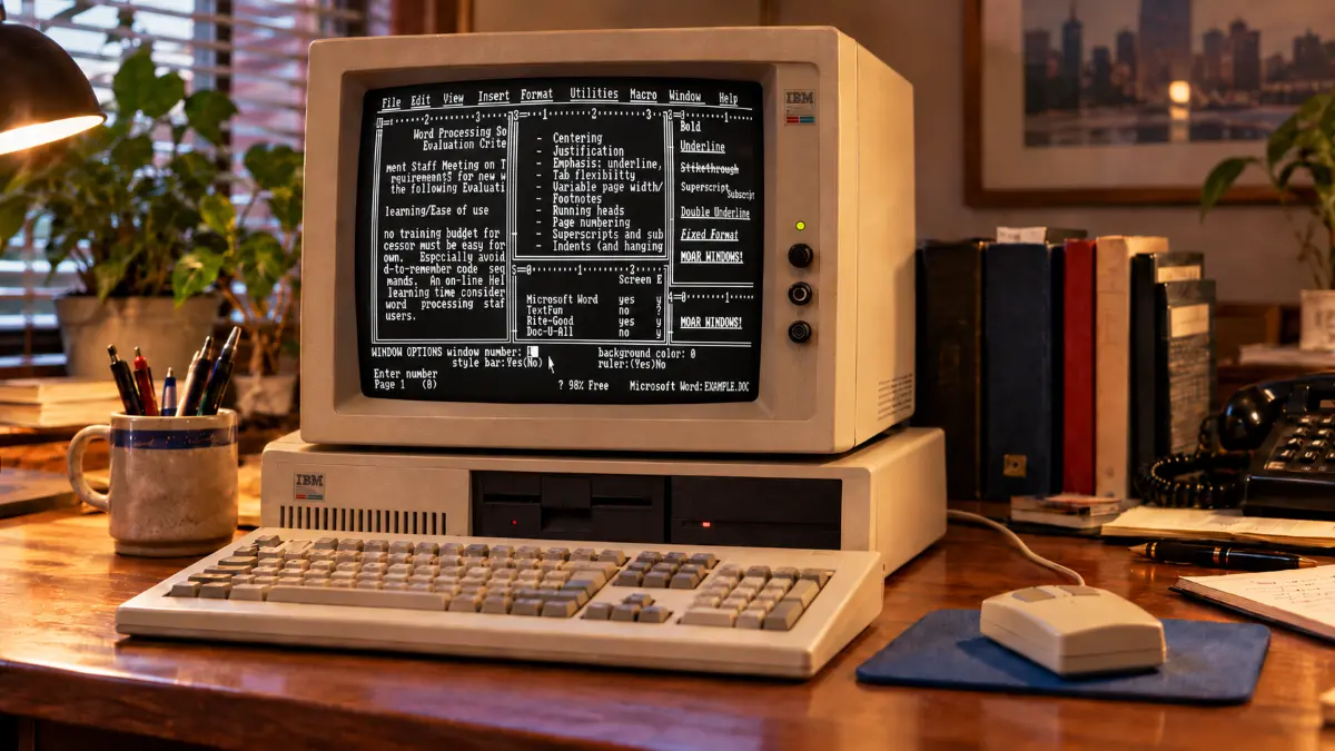 Vintage IBM desktop computer displaying early word processing software with text menus, keyboard, and mouse on a wooden desk