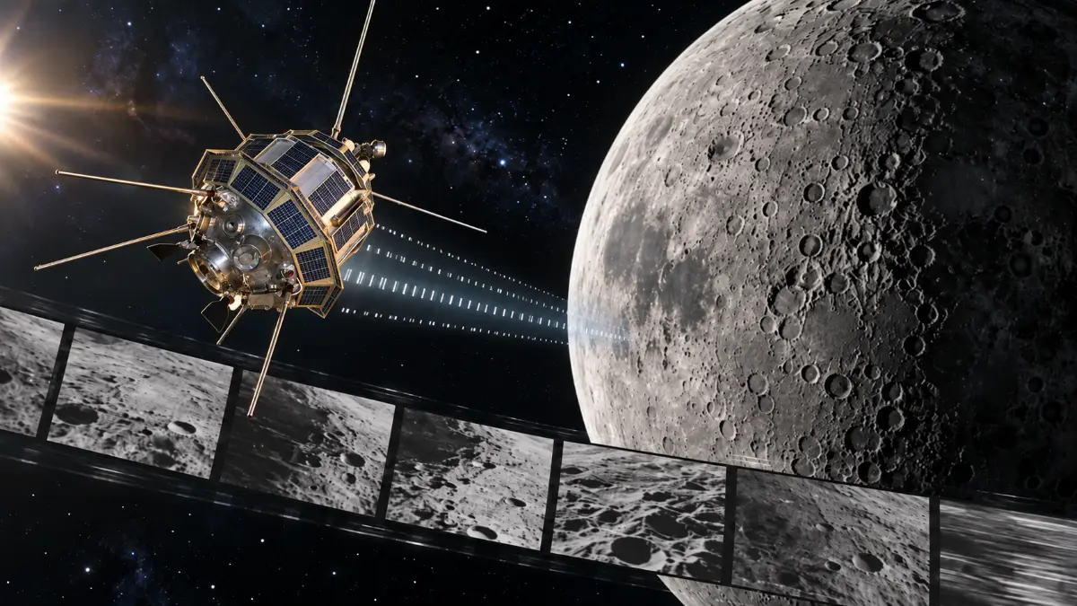 Spacecraft near the moon’s cratered surface with a film strip displaying detailed images of the lunar far side stretching into space