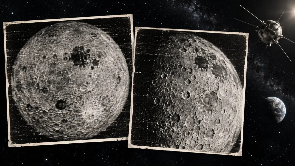 Two vintage-style black-and-white photos of the Moon’s far side, with a satellite and Earth visible in space background